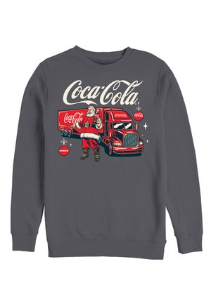 Grauer Sweatshirt mit einem Vintage-Coca-Cola-Design, das einen Weihnachtsmann und einen roten Lieferwagen zeigt. Es hat einen Rundhalsausschnitt und gerippte Bündchen.