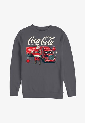 Gray sweatshirt featuring a vintage Coca-Cola design with Santa and a red delivery truck. It has a round neck and ribbed cuffs.