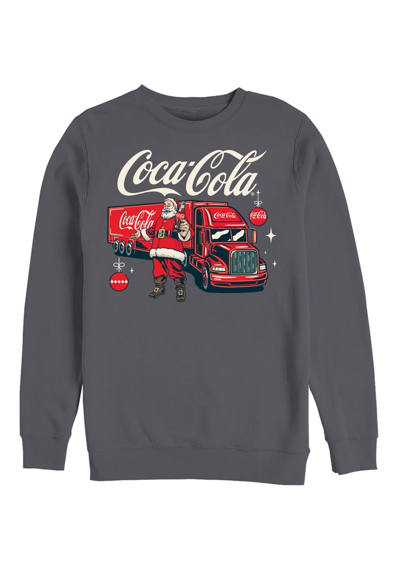 Grauer Sweatshirt mit einem Vintage-Coca-Cola-Design, das einen Weihnachtsmann und einen roten Lieferwagen zeigt. Es hat einen Rundhalsausschnitt und gerippte Bündchen.
