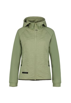 Lysegrøn hættejakke med tekstureret frontpanel, fuld lynlås og lynlåslommer i siderne, designet til udendørs brug.