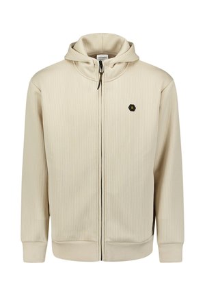 Beige Kapuzenjacke mit Reißverschluss und gerippter Textur, verstellbarem Kordelzug an der Kapuze und hexagonalem Logo-Detail auf der Brust. Mit seitlichen Taschen und Bündchen.