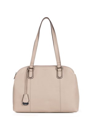 Borsa a mano beige in pelle con doppi manici, dettagli di cuciture sottili e un'etichetta staccabile. Texture liscia e forma strutturata.