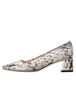 Spitz zulaufender Pumps mit einem weißen und schwarzen Schlangenprint-Muster, ausgestattet mit einem breiten, metallischen Quadrat-Absatz. Glatte Textur mit schlankem Design.