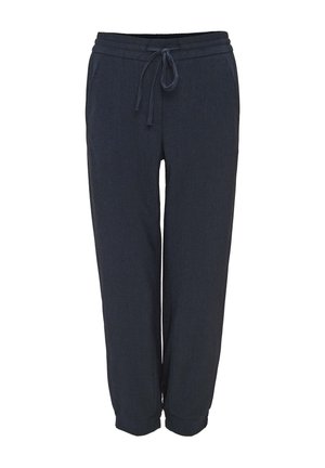 Marineblauwe, lichtgewicht joggers met een elastische tailleband, verstelbaar trekkoord en taps toelopende boorden. Textuurstof met een subtiel patroon.