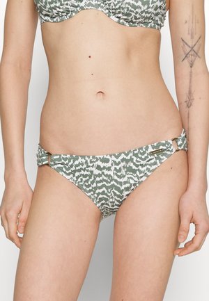 Grün und weiß gemusterte Bikiniunterteile mit Seitenschnallen und geknoteten Akzenten, aus strukturiertem Schwimmbadstoff gefertigt.