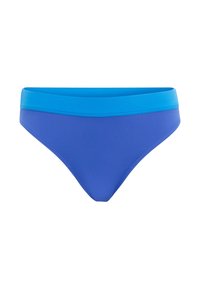 Modré bikiny s pásom v svetlejšej modrej farbe. Vyrobené z hladkého, elastického materiálu, s jednoduchým a funkčným dizajnom.