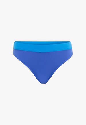 Plave bikini gaće s kontrastnim svjetlijim plavim pojasom. Izrađene od glatkog, elastičnog materijala, s jednostavnim, funkcionalnim dizajnom.