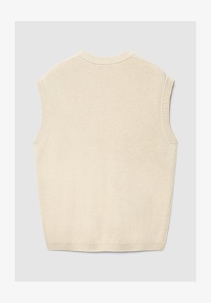 Maglione senza maniche beige con collo rotondo, realizzato in tessuto strutturato. Presenta bordi a coste sul collo e sulle asole delle braccia, con design del corpo liscio.