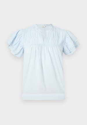 Ανοιχτό μπλε μπλούζα με κοντά μανίκια και βολάν, σούρα στον λαιμό και άνετη εφαρμογή.