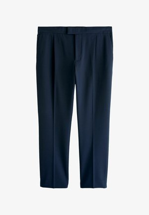 Dark navy tailored trousers with a smooth texture, pleated front, and classic cut. Features a waistband with belt loops and side pockets.