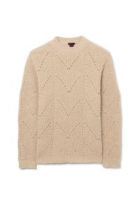 Beiger Strickpullover mit einem strukturierten Zickzackmuster, rundem Ausschnitt und gerippten Bündchen und Saum. Die Zusammensetzung wirkt weich und strukturiert.