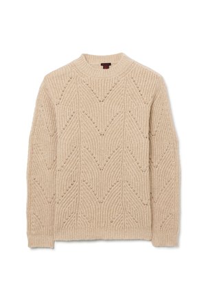 Suéter de punto beige con un patrón de chevron texturizado, cuello redondo y puños y dobladillo acanalados. La composición parece suave y texturada.