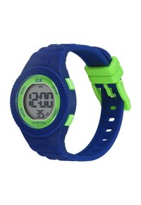Orologio digitale con cinturino in silicone blu e accenti verdi. Cassa rotonda che mostra l'ora, la data e presenta pulsanti per le funzioni. Impermeabile fino a 100 metri.