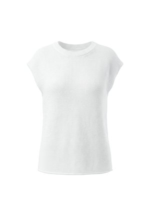 Hvid ærmeløs strikket top med rund halsudskæring og subtil ribbet tekstur, vist på ensfarvet baggrund.