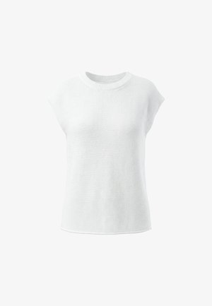 Witte mouwloze gebreide top met ronde halslijn en subtiele geribbelde structuur, afgebeeld op een effen achtergrond.