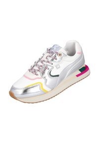Zapatillas plateadas con acentos en blanco, rosa, amarillo y verde. Presentan materiales texturizados, cordones con patrones y una suela gruesa.