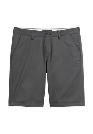 Gray cotton shorts with a flat front, two side pockets, and a single back pocket. Features stitched seams and a top button closure.