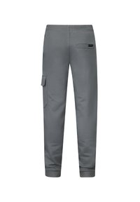 Szare dresy wykonane z miękkiego materiału, z boczną kieszenią cargo, elastycznym paskiem w pasie i ściągaczami przy nogawkach. Prosty design z funkcjonalnymi detalami.