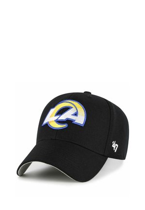 Schwarze Baseballkappe mit einem blau-gelb-weißen stilisierten „LA“-Logo vorne und weißem „'47“-Logo an der Seite.