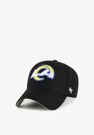 Schwarze Baseballkappe mit einem blau-gelb-weißen stilisierten „LA“-Logo vorne und weißem „'47“-Logo an der Seite.