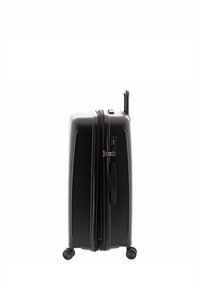 Maleta dura negra con un diseño rectangular elegante, mango retráctil y cuatro ruedas. Incluye una cremallera y un candado de combinación.