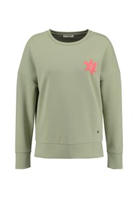 Felpa verde chiaro con maniche lunghe, scollatura rotonda e un'applicazione di un fiore rosa sul lato sinistro anteriore. Tessuto liscio.