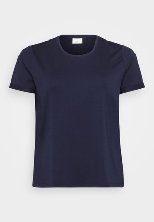 Dark navy blue short-sleeve T-shirt with a round neckline, plain design, and a relaxed fit, displayed on a white background.