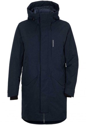Marineblauwe lange winterparka met capuchon, rits aan de voorkant bedekt met klep, twee zijzakken en merklogo op de borst.