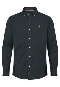 Dunkelblaues langärmliges Button-Up-Shirt aus Baumwolle, mit umlegtem Kragen, weißen Knöpfen und einem kleinen gestickten Logo auf der Brust.