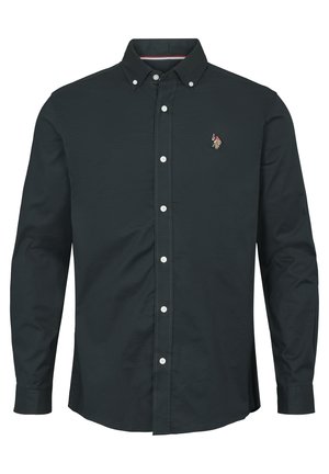 Dunkelblaues langärmliges Button-Up-Shirt aus Baumwolle, mit umlegtem Kragen, weißen Knöpfen und einem kleinen gestickten Logo auf der Brust.