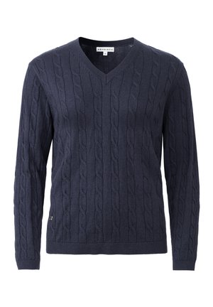 Mørkeblå kabelstrikket sweater med V-hals, lange ærmer og tekstureret mønster. Har et lille logo på den nederste venstre side.