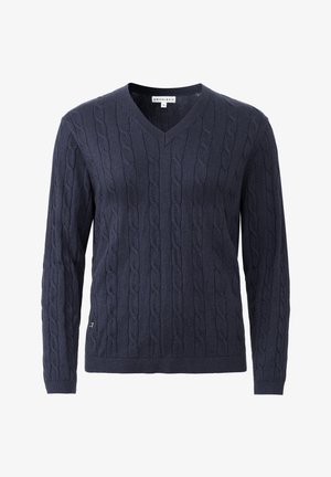 Tummansinisessä kabelineuloksessa on V-pääntie, pitkät hihat ja teksturoitu kuvio. Vasemmassa alareunassa on pieni logo.