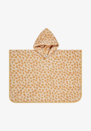 Hooded poncho in soft, textured fabric featuring a yellow-orange leopard print pattern, with a single button closure at the neck.