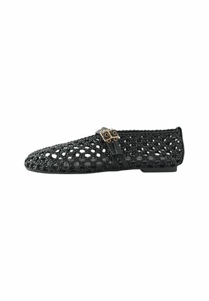 Schwarze gewebte Ballerinas mit leichtem Design, ausgestattet mit einem strukturierten Material und zwei goldenen Schnallenakzenten an der Seite.