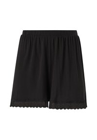 Zwarte shorts van zachte stof met een elastische tailleband. De onderkant heeft een gekartelde kantafwerking langs de zoom.