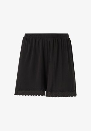 Sorte shorts lavet af blødt stof med elastisk talje. Bunden har en scallopet blondekant langs kanten.