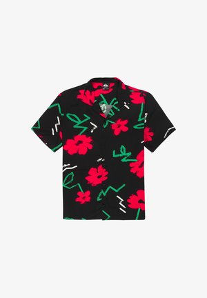 Short-sleeve black shirt with red floral patterns, green and white abstract accents, button closure, and collar design.