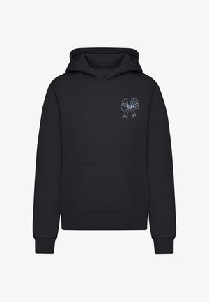 Schwarzer Hoodie mit einer Vordertasche, Kapuze mit Kordelzug und einem hellblauen Schleifendruck auf der linken Brust. Weicher Stoff mit gerippten Bündchen und Saum.