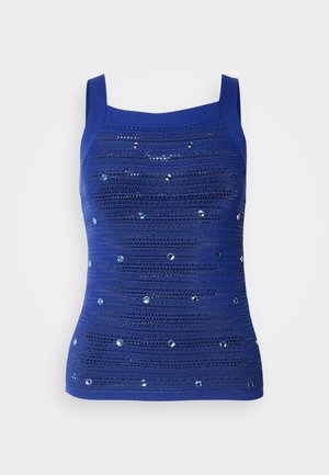 Blue knitted tank top with a square neckline, featuring horizontal patterns and scattered blue sequins for added detail.