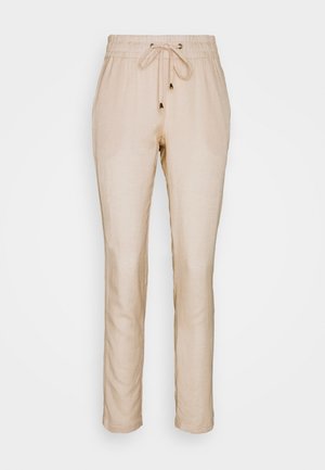Beige linnen broek met elastische tailleband en verstelbare trekkoord, rechte pijp en zijzakken.
