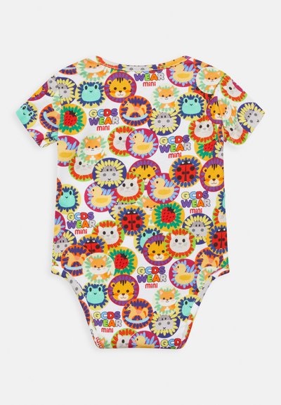 Bodysuit de mangas curtas com um estampado de animais colorido sobre um fundo claro, feito de um tecido suave com um ajuste elástico.