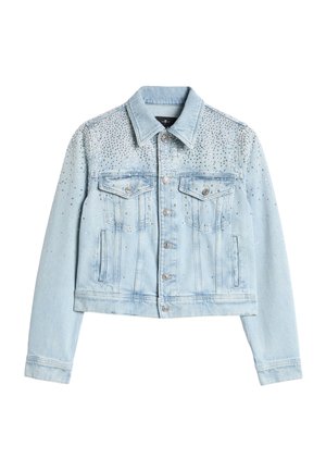 Hellblaue, kurz geschnittene Jeansjacke mit silbernen Nieten auf der oberen Vorderseite, Knopfverschluss, Brusttaschen mit Klappen und Seitentaschen.