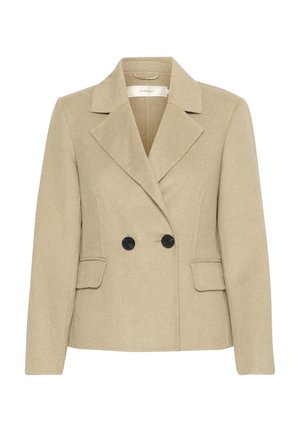 Beige wool blend blazer with a double-breasted design, notched lapels, two front pockets, and black buttons for added contrast.