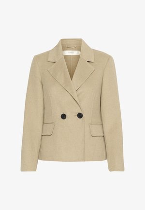 Beži villasegu blazeri kahekordse disainiga, lõikega krae, kaks eesmist taskut ja mustad nööbid lisaks kontrasti.