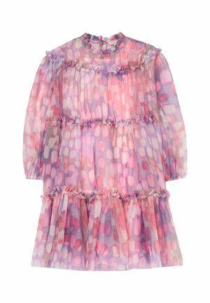 Langärmliges rosa und lila gemustertes Kleid mit Rüschendetails über Brust, Ärmeln, Taille und Saum, hergestellt aus leichtem transparentem Stoff.
