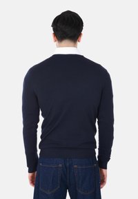 Uomo visto di spalle che indossa un maglione blu scuro sopra una camicia bianca con colletto e jeans blu con tasche posteriori in vista.