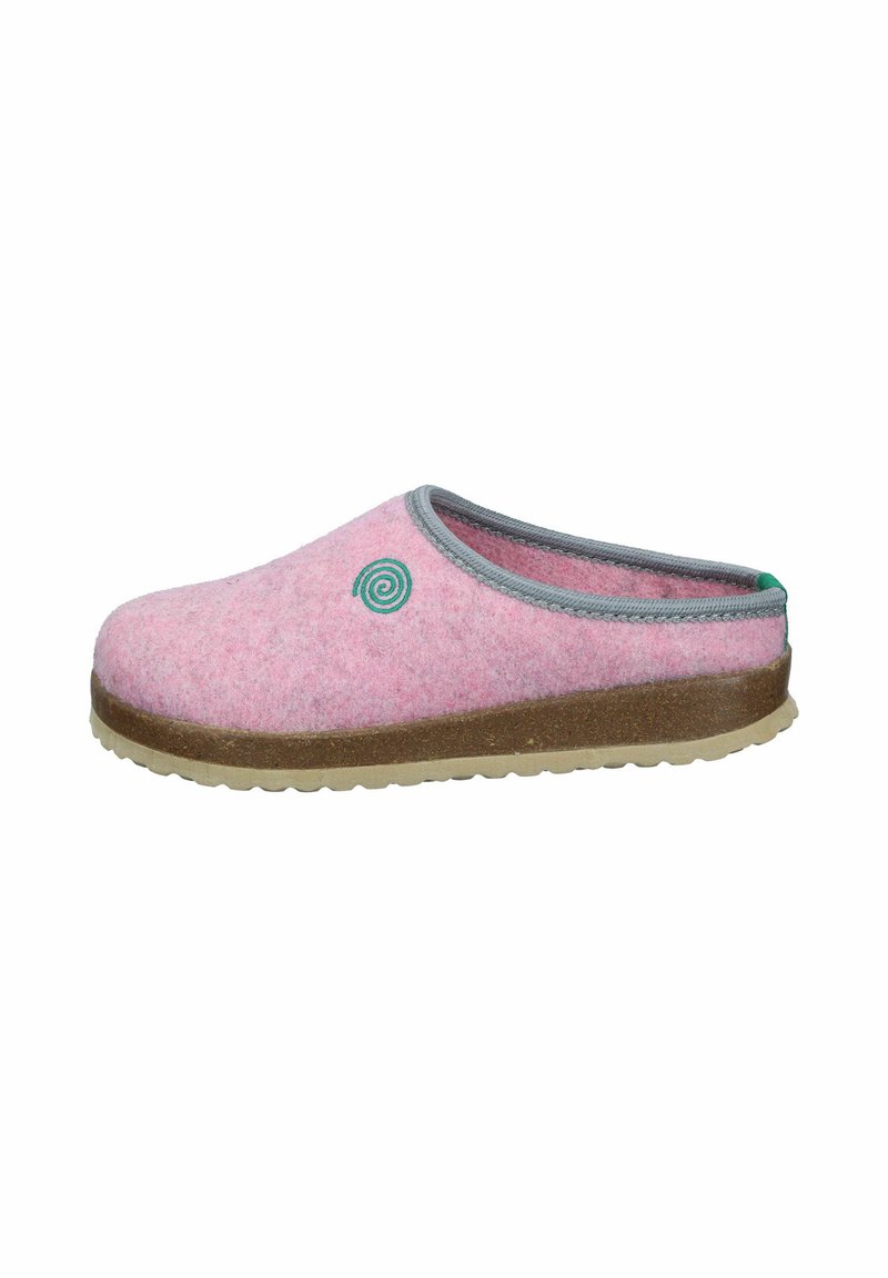 Pink felt slipper with a gray trim, green spiral logo, and a textured brown sole. The design is slip-on with a rounded shape.