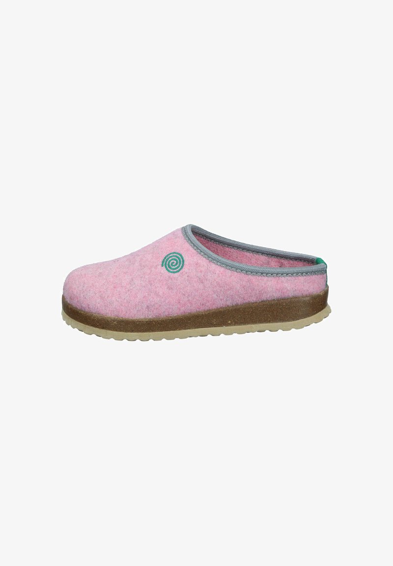 Pink felt slipper with a gray trim, green spiral logo, and a textured brown sole. The design is slip-on with a rounded shape.