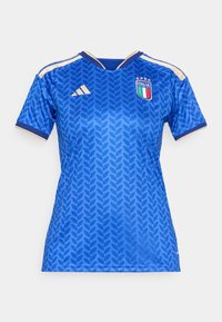 Blue football jersey with leaf pattern, golden accents, V-neck collar, and Italian flag emblem. Made of smooth synthetic fabric.