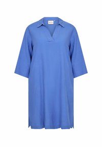 Abito tunica blu con scollatura a V, maniche corte e aperture laterali. Realizzato in tessuto morbido, presenta una silhouette semplice e rilassata.